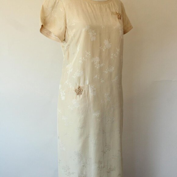 Vintage 1960s Dress with Pocket, Volup Size Calabash House Ivory Silk Damask - Picture 6 of 10